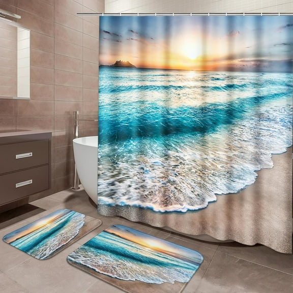 Mid Century Green Boho Bathroom Set with Shower Curtain sets and Bath Rugs and Accessories,Abstract Sun Arch Curve Leaves Geometric Non-Slip Shower Curtain Set,Bathroom Decor 3 Pcs