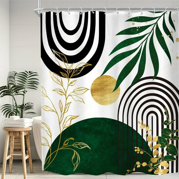 Mid Century Green Boho Shower Curtain, Abstract Modern Shower Curtains for Bathroom, Plant Botanical Leaf Arch Sun Fabric Liner Waterproof Polyester 12 Pack Hooks 60Wx72L Inches
