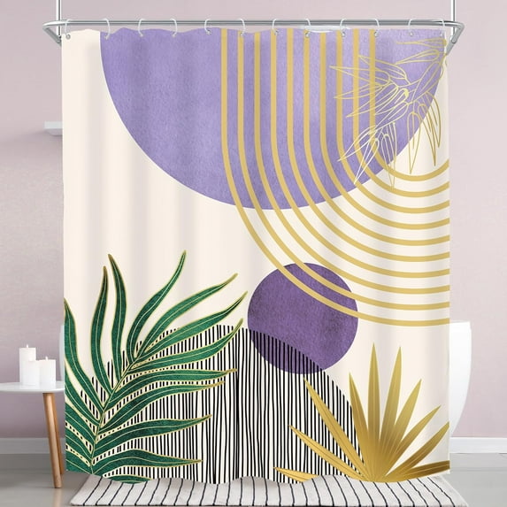 Mid Century Green Boho Shower Curtain, Abstract Modern Shower Curtains for Bathroom, Plant Botanical Leaf Arch Sun Fabric Liner Waterproof Polyester 12 Pack Hooks 60Wx72L Inches