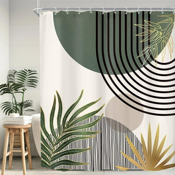 Mid Century Green Boho Shower Curtain, Abstract Modern Shower Curtains for Bathroom, Plant Botanical Leaf Arch Sun Fabric Liner Waterproof Polyester 12 Pack Hooks 60Wx72L Inches