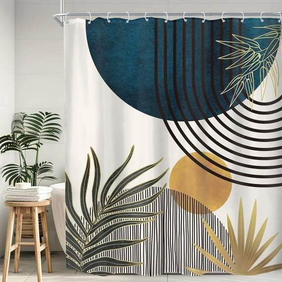 Mid Century Green Boho Shower Curtain, Abstract Modern Shower Curtains for Bathroom, Plant Botanical Leaf Arch Sun Fabric Liner Waterproof Polyester 12 Pack Hooks 60Wx72L Inches