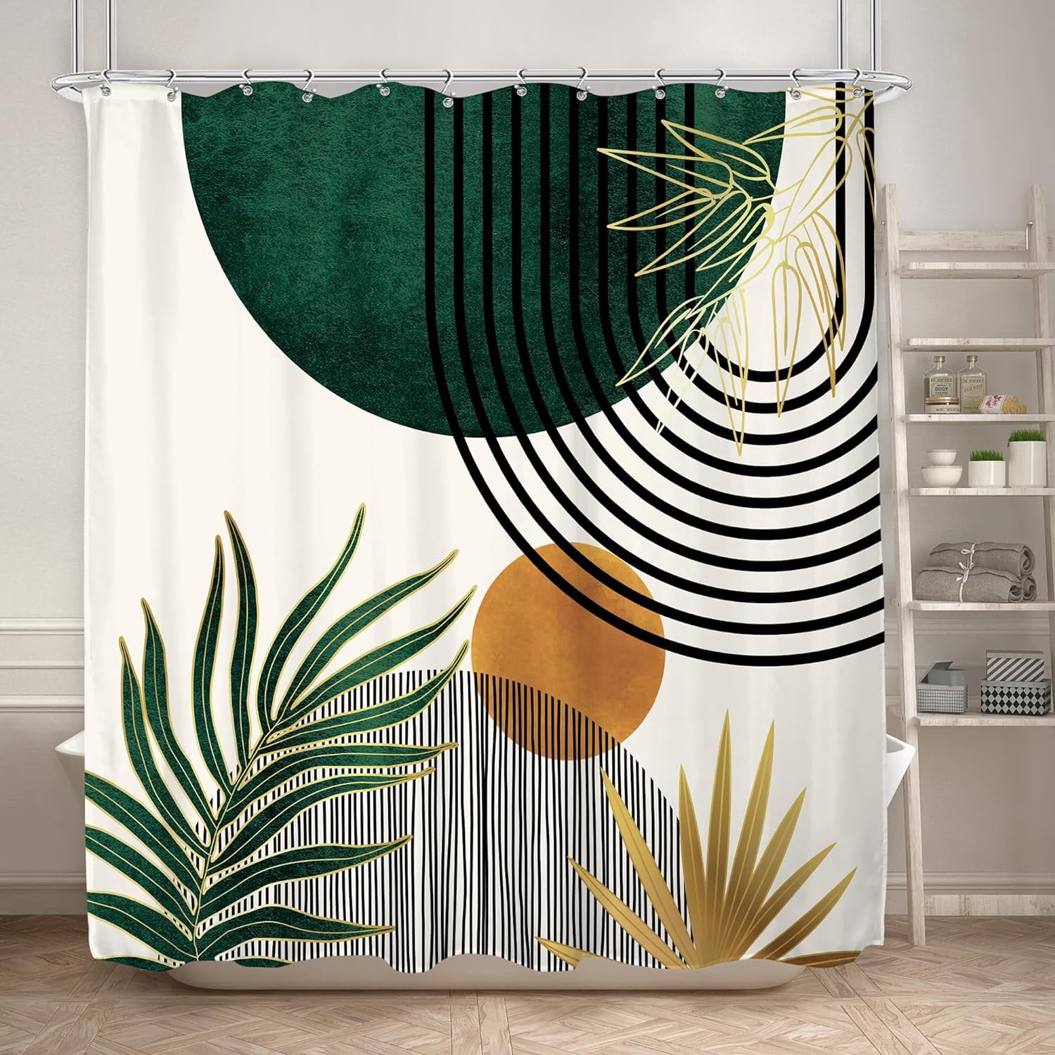 Mid Century Green Boho Shower Curtain for Bathroom Decor 72Wx72H Inches Abstract Modern Minimalist Sun Arch Curve Leaves Geometric Neutral Aesthetic Fabric Waterproof Polyester 12 Pack Hooks