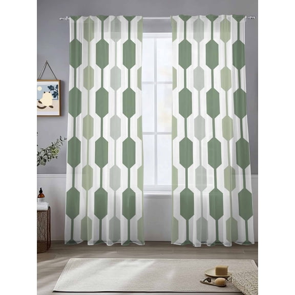 Mid Century Green Grey Geometric Sheer Curtains 84 Inches Long 2 Panels Light Filtering Semi Sheer Window Curtains Drapes for Bedroom Living Room 52"x84" 2 Panels