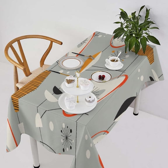 Mid Century Grey Tablecloth, 1950s Vintage Style Modern Atomic Stars Pattern Table Cloth for Home Kitchen Dining Room Holiday Picnic Party Outdoor Indoor, Rectangle(60x102in)