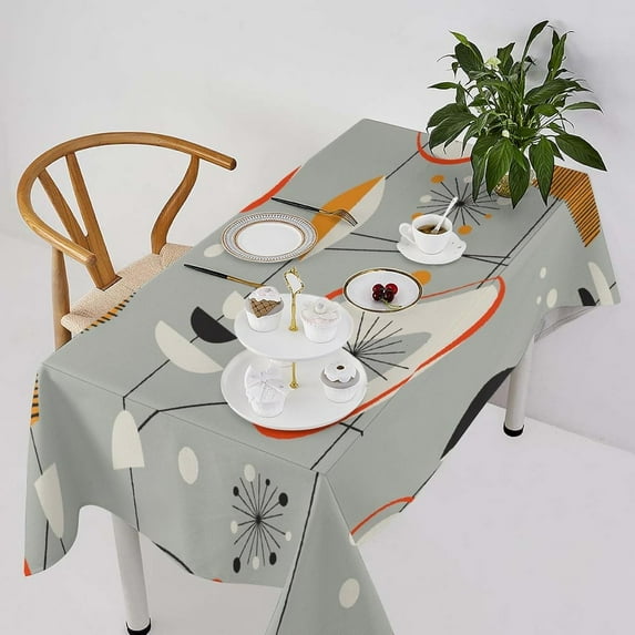 Mid Century Grey Tablecloth, 1950s Vintage Style Modern Atomic Stars Pattern Table Cloth for Home Kitchen Dining Room Holiday Picnic Party Outdoor Indoor, Rectangle(55x55in)
