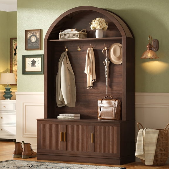 Mid-Century Hall Tree with Fluted Door, 5 Metal Hooks - Farmhouse Mudroom Bench, Walnut