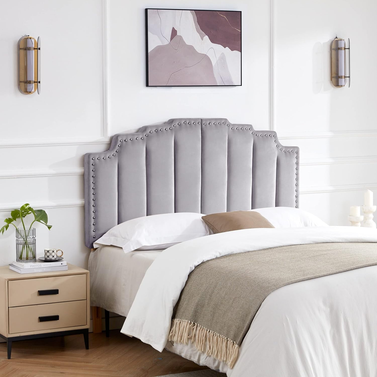 Mid Century Headboard for Queen Size Bed, Velvet Upholstered Tufted Bed ...