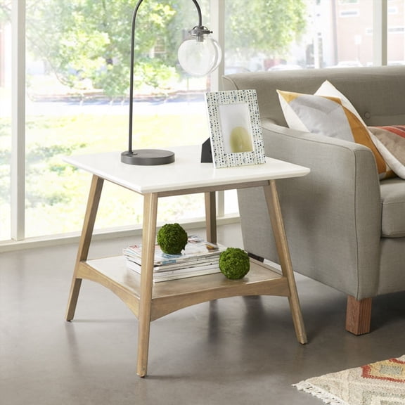 Mid-Century Inspired All-Wood End Table with Off-White Finish and Extra Storage Shelf