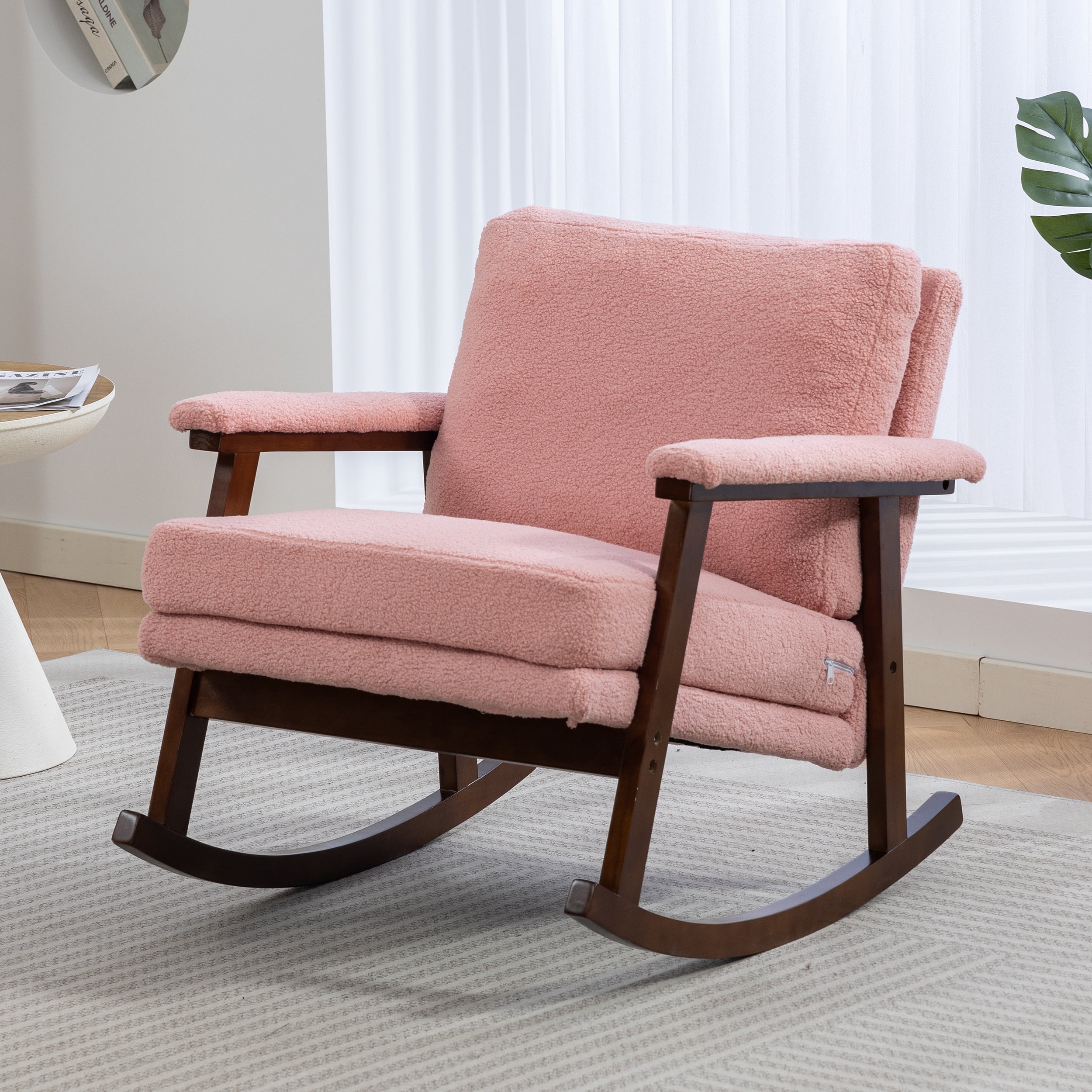 Paproos Rocking Chair, Paproos Velvet Upholstered Rocker Chair, Glider Rocker Accent Chair with Cushion, Rocking Chair for Nursery, Armchair Reading Chair for Living Room Bedroom, Pink