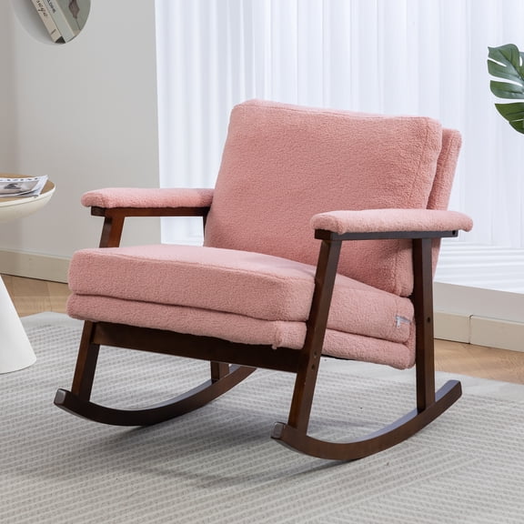 Paproos Rocking Chair, Paproos Velvet Upholstered Rocker Chair, Glider Rocker Accent Chair with Cushion, Rocking Chair for Nursery, Armchair Reading Chair for Living Room Bedroom, Pink