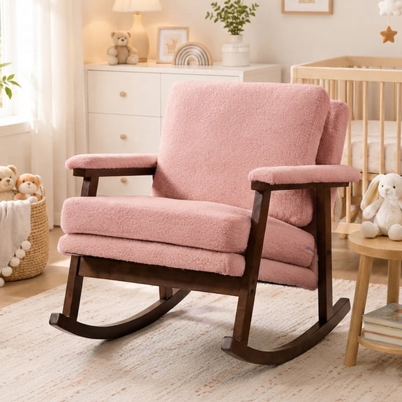 Rocking Chair, PAPROOS Teddy Upholstered Rocker Chair, Glider Rocker Accent Chair with Cushion, Rocking Chair for Nursery, Armchair Reading Chair for Living Room Bedroom, Pink