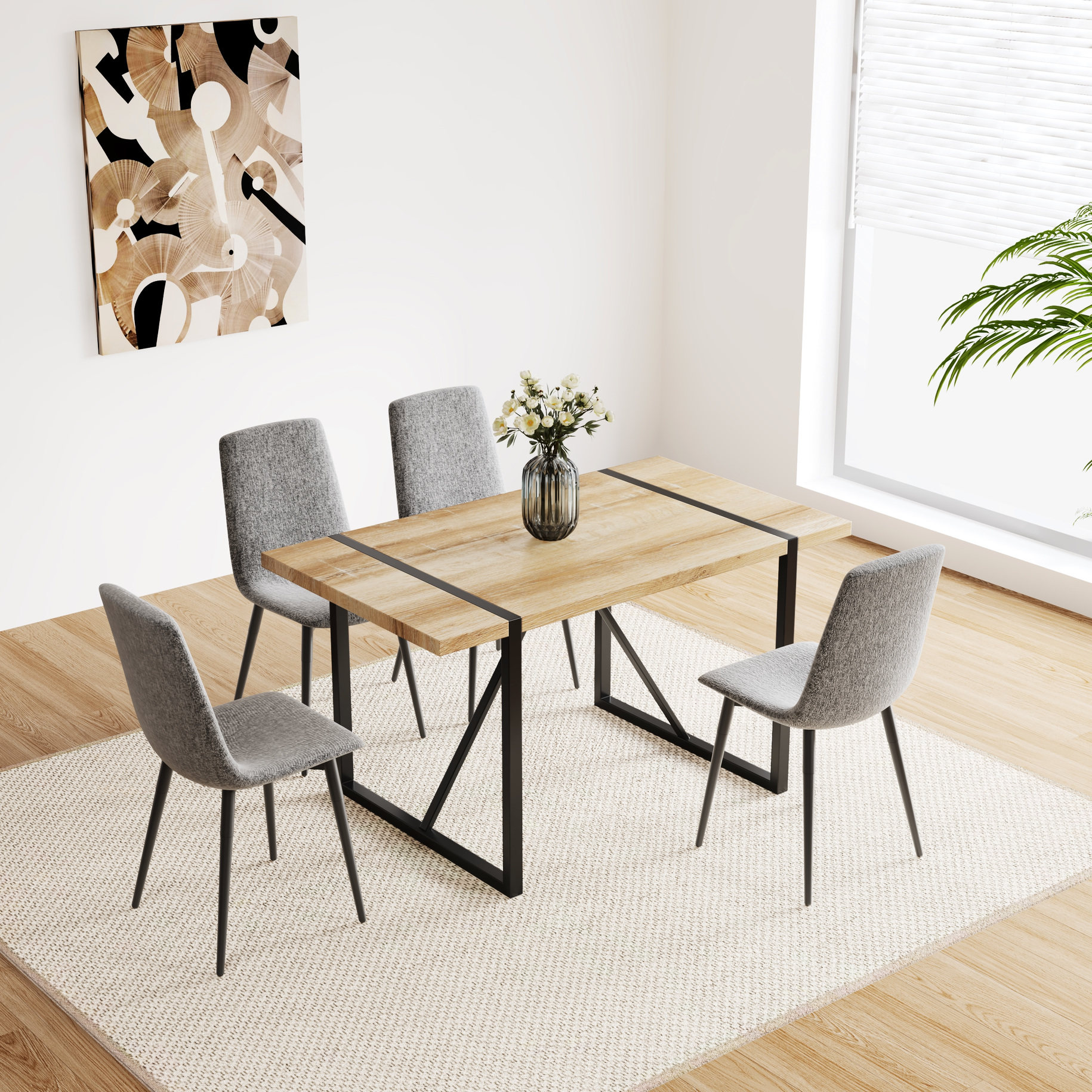 Mid-Century Kitchen Dining Set - 55" MDF Table & 4 Metal-Base Chairs ...