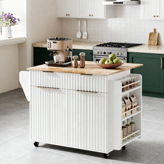 Mid-Century Kitchen Island Table on Wheels, UBesGoo Modern Rolling Kitchen Cart with Storage, Spcie Racks, Drop Leaf Tabletop, Multifunctional Kitchen Utility Cart, White