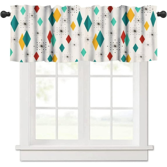 Mid Century Kitchen Valance, 1970s Geometric Modern Atomic Pattern Retro Small Window Treatments for Kitchen Living Room Bathroom Cafe Decor Rod Pocket 54x18 Inch, 1 Panel