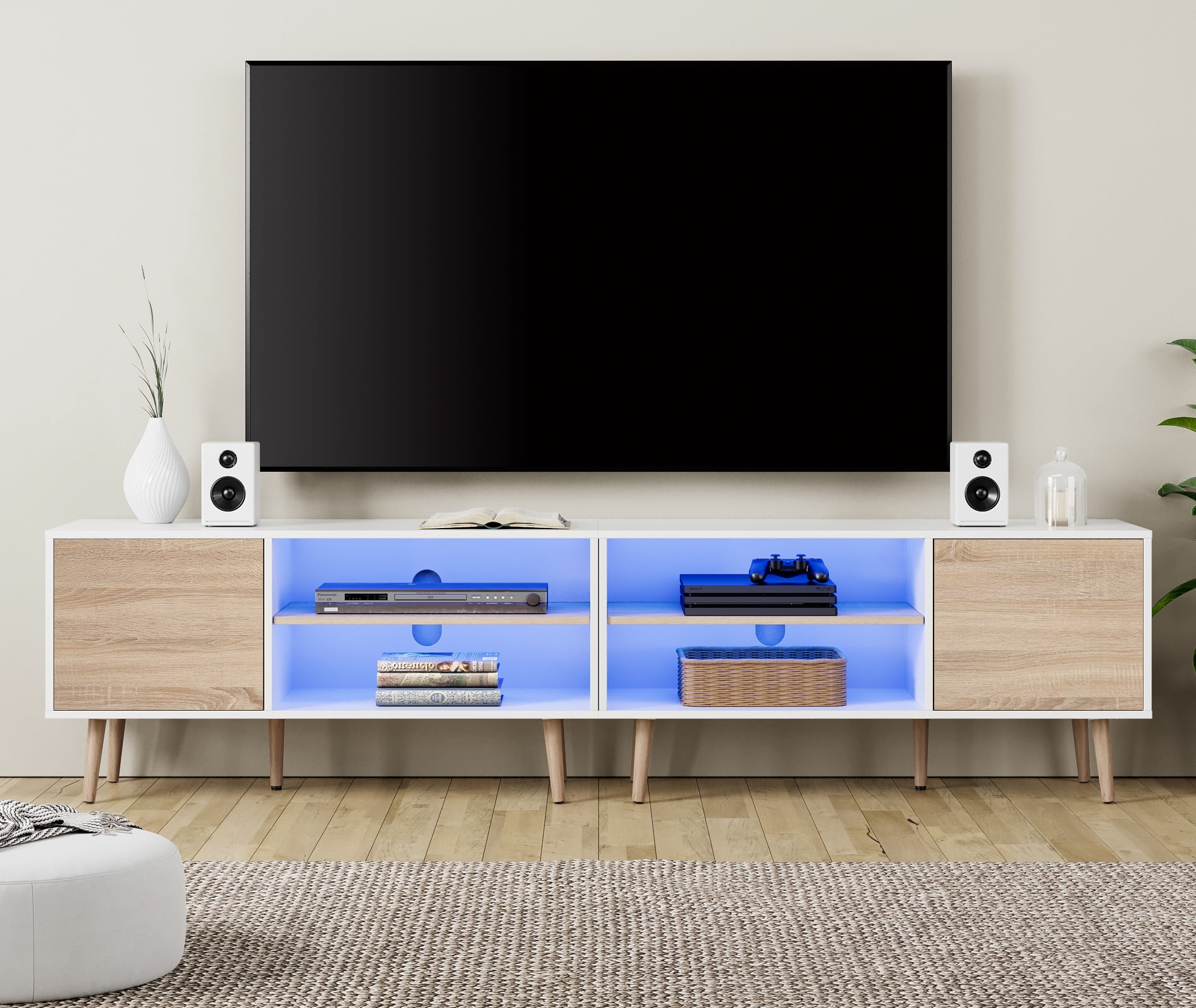 FITUEYES Mid Century LED TV Stand 2 in 1 Entertainment Center for 85 inch TV White