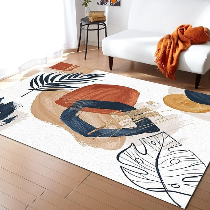 Mid Century Leaf Area Rugs, Modern Boho Style Print Rug, Minimalist Art ...