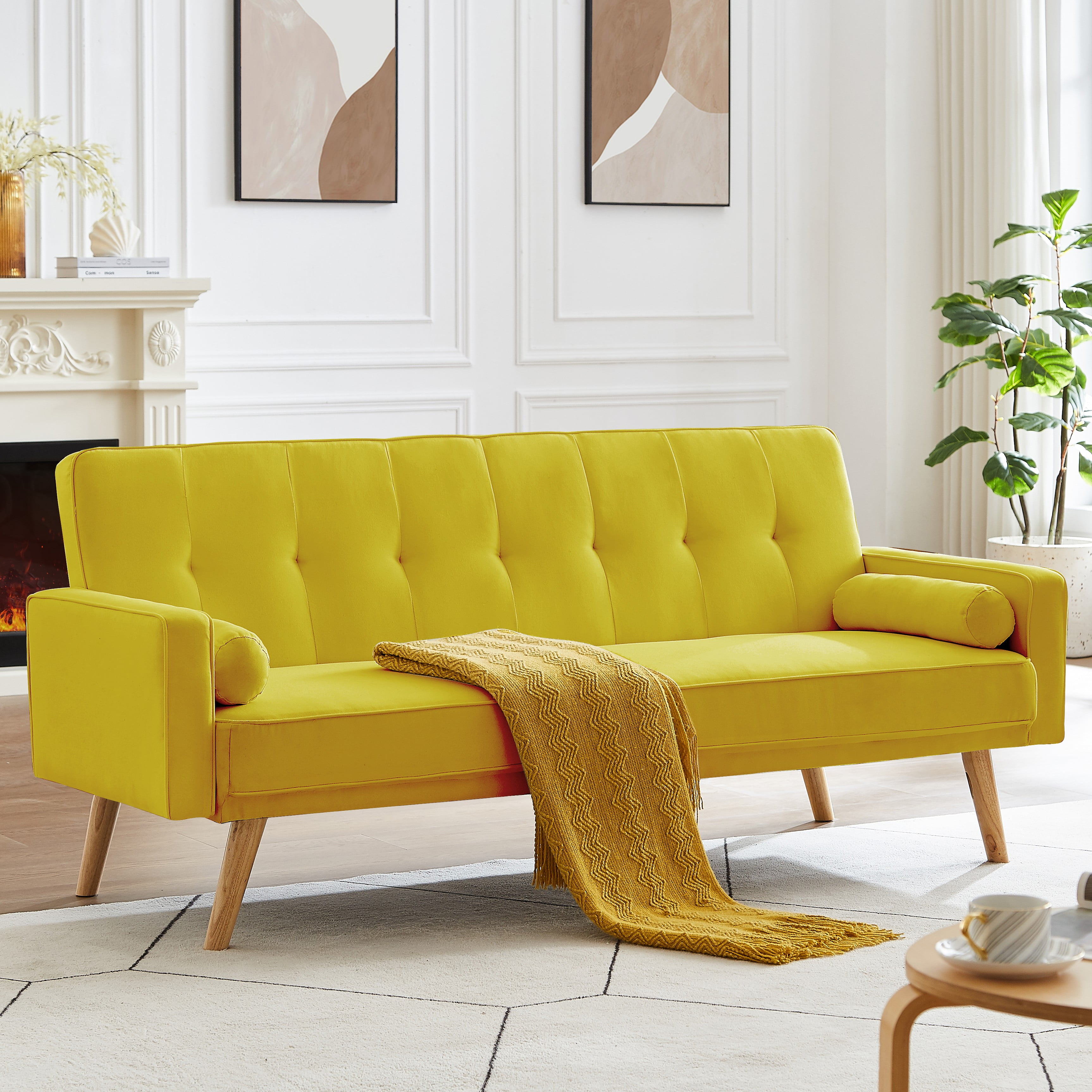 Mid Century Linen Fabric Convertible Sofa Bed Sofa Couch Modern Love Seats Sofa Furniture Upholstered Button Tufted Couch with 2 Bolster Pillows for