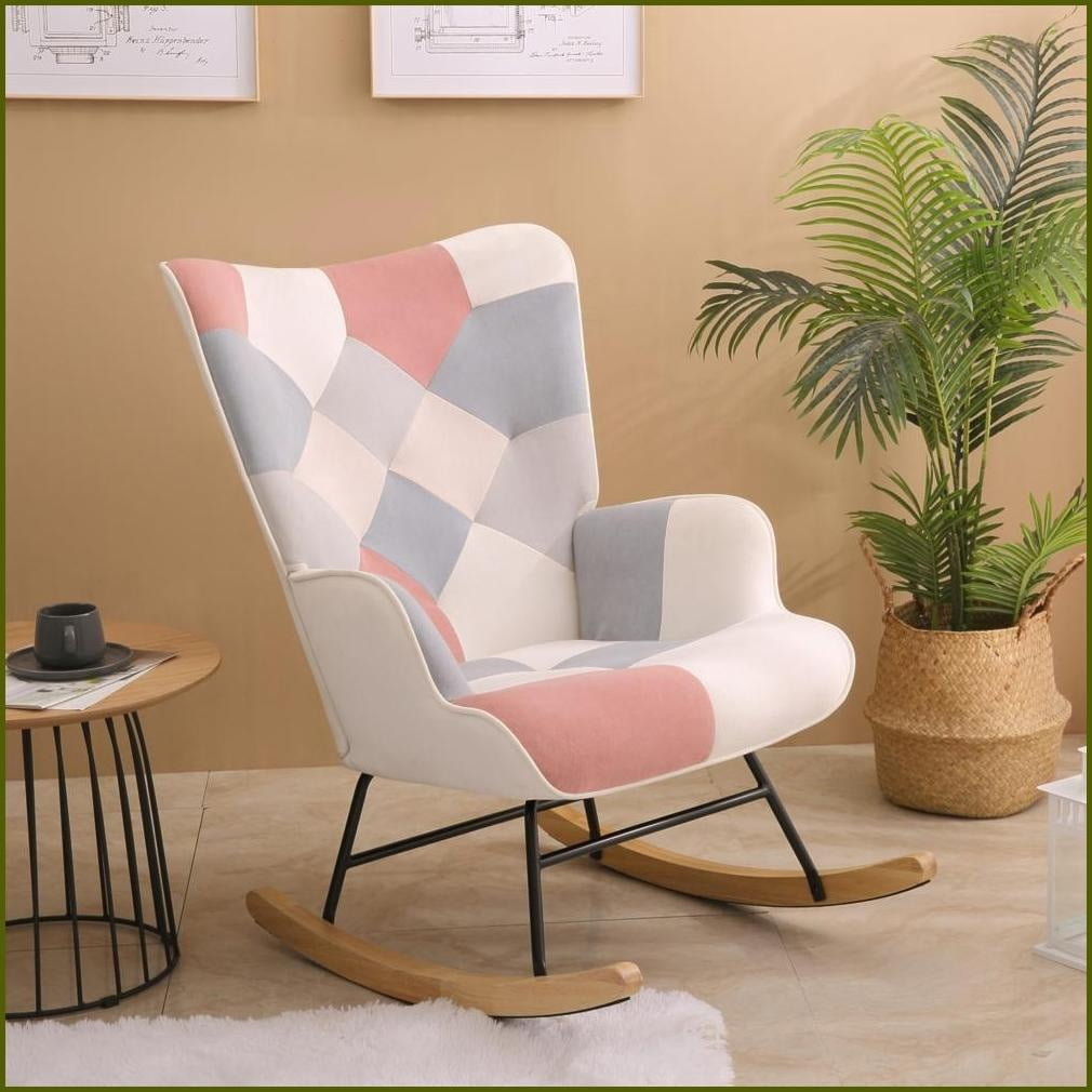 Mid-Century Linen Patchwork Rocking Chair – Durable Wood Legs for ...