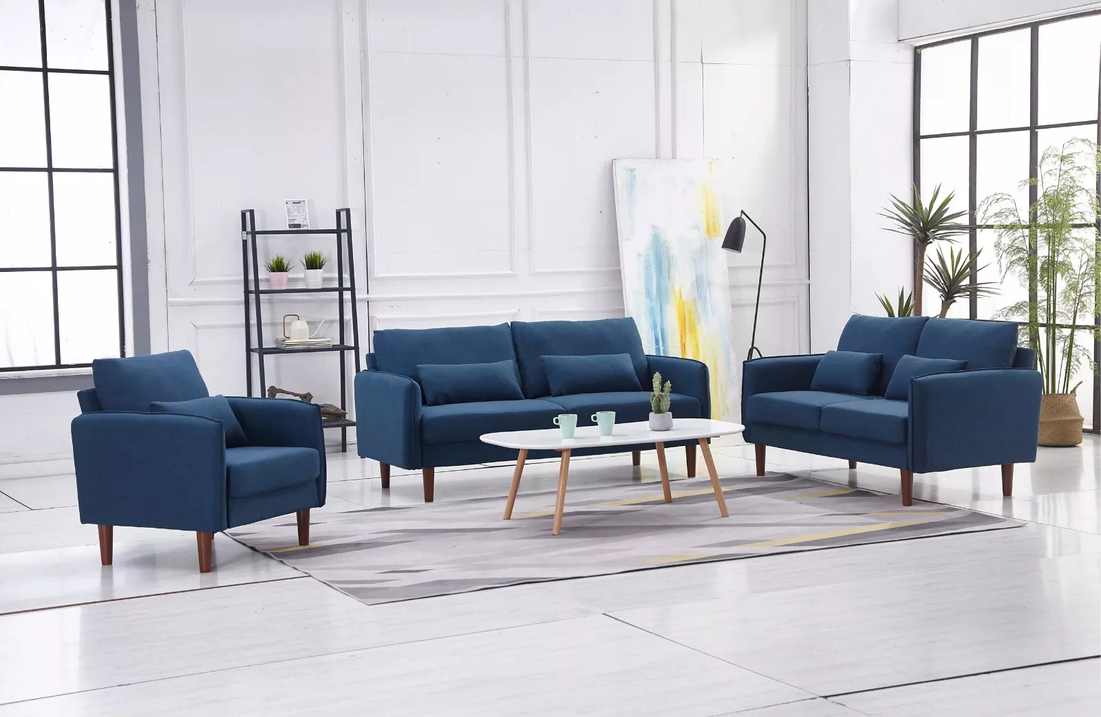 Mid-Century Living Room 3 Piece Sofa Set with Throw Pillows, Navy