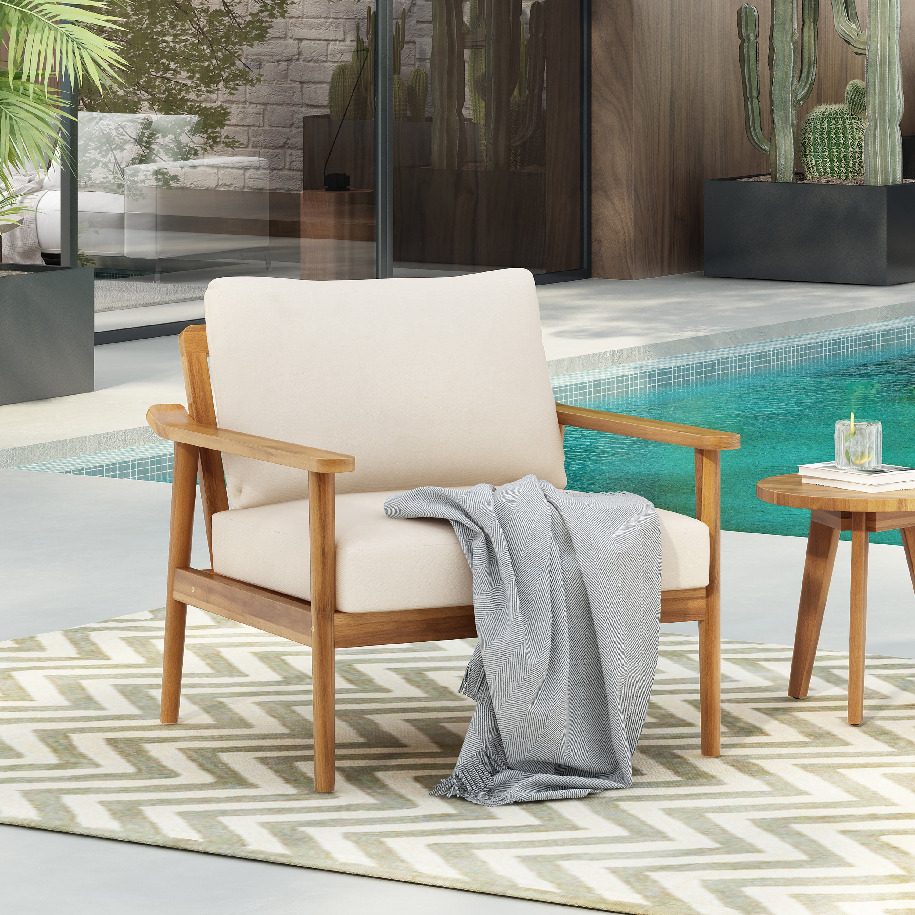 Mid-Century Lounge Chair, 30.5 Inch Outdoor Chair with Cushions for Patio Garden, Teak and Cream