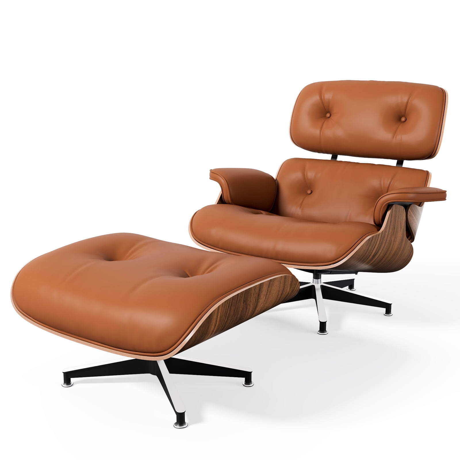 Mid Century Lounge Chair with Ottoman, Genuine Leather Classic Modern Chair with 8-Layer Walnut Wood and Aluminum Base for Living Room Office Study Lounge