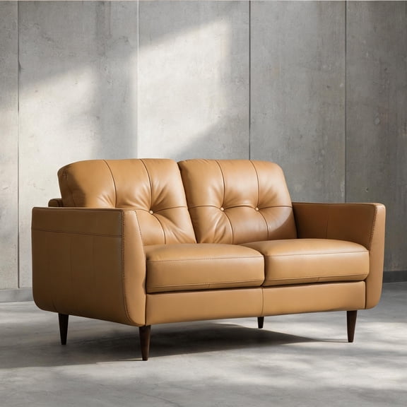 Mid-Century Loveseat, Living Room Seating, Camel Leather, 2-Seater, 59-Inch