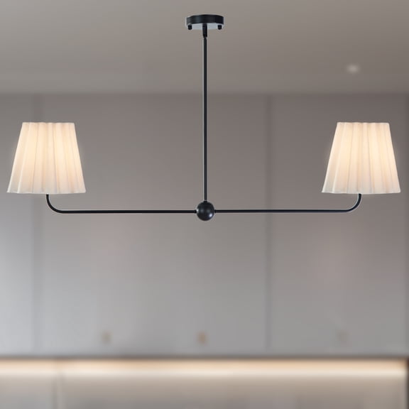 Elegant Linear Black 2-Light 45 Inch Chandelier, Cleanly Ruffled White Linen Shade Light, Ceiling Mounted Light over Kitchen Island, for Living Room, Dining Room