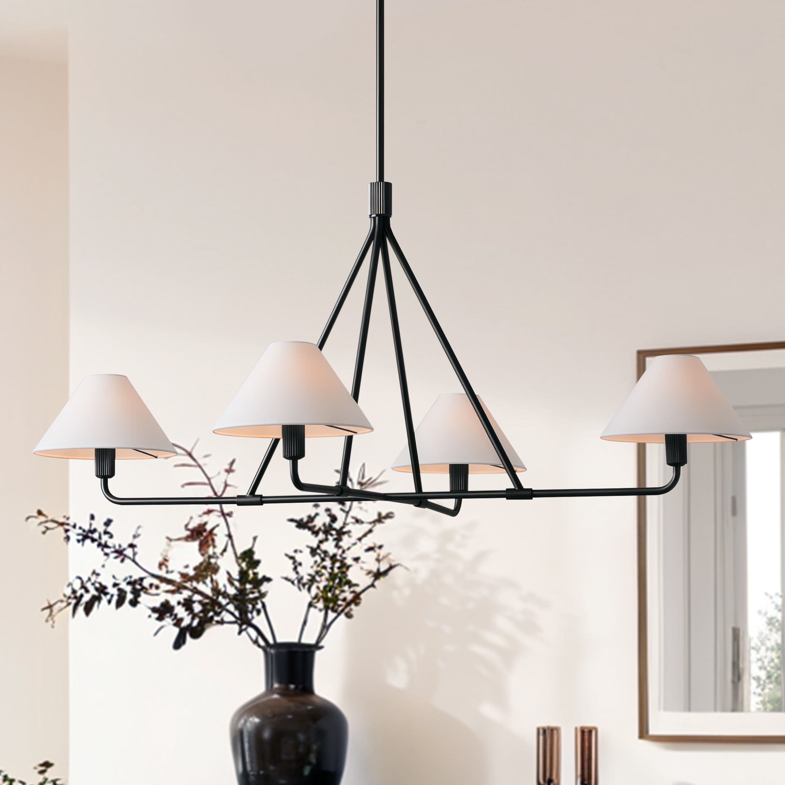 Mid-Century Matte Black  Linen Chandelier 37 Inch ,Conical Ceiling Light with Linen Shade, Natural 4-Light Ceiling Lamp, Organic Ceiling Mounted Light for Living Room, Dining Room
