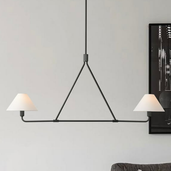Mid-Century Matte Black Linen Chandelier, Natural 2-Light Pendant Light with Linen Shade, Organic Ceiling Lamp, Conical Ceiling Light Over Kitchen Island, for Dining Room, Living room