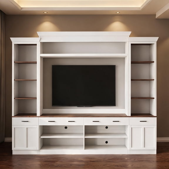 Mid-Century Media Wall Unit with Wine Rack Adjustable Shelves, Crisp White/Deep Walnut