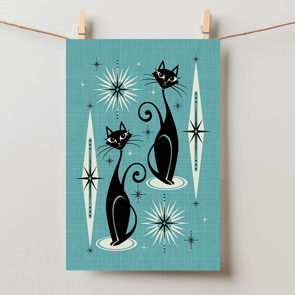 Mid Century Meow Retro Atomic Cats Blue Wall Art Modern Unframed Paper Poster 8x10in