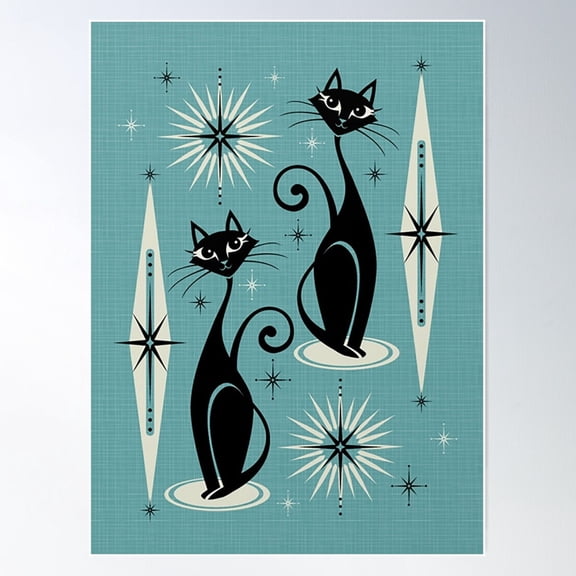 Mid Century Meow Retro Atomic Cats On Blue Poster Wall Art , Poster Print Only