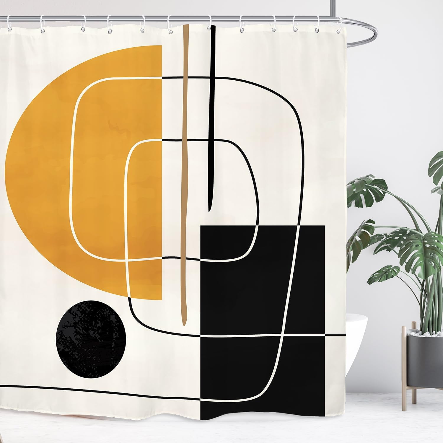 Mid Century Minimalist Abstract Bathroom Shower Curtain 72W by 72H Inch Modern Geometric Beige Neutral Contemporary Simple Aesthetic Polyester Fabric 12 Plastic Hooks Waterproof Decor