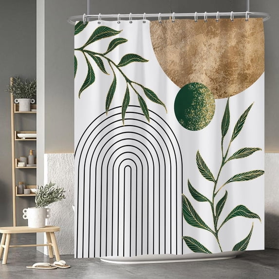 Mid Century Minimalist Shower Curtain Green Abstract Moon Contemporary Sun Semicircle Shower Curtain for Bathroom Geometric Aesthetic Bathtub Bathroom Decorations with Hooks 72x84 Inches