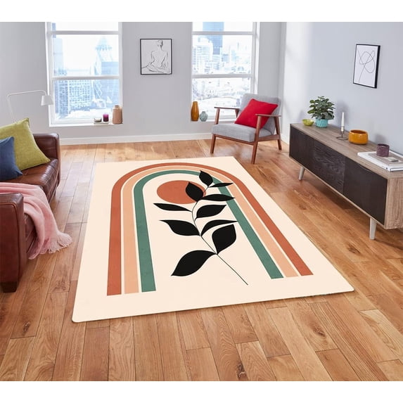 Mid-Century Minimalist Wool Soft Washable Area Rug 3'x5' Black and Terracotta Lines Floral Rug for Living Room Bedroom Kitchen Dining Room No-Slip Indoor Office Floorcover Rug