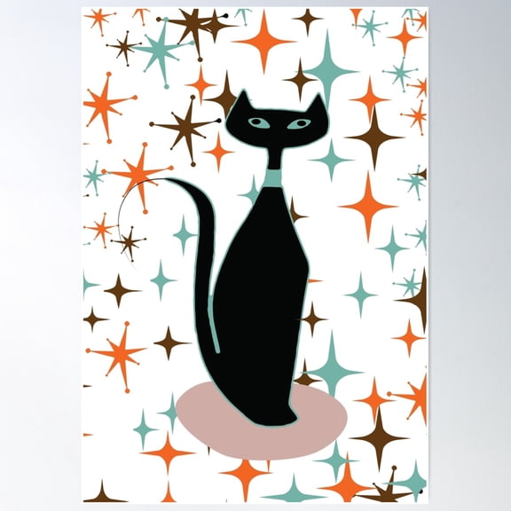 Mid Century Mod Cat At Peace Under A Midnight Sky Poster Wall Art, Modern Wall Decor For Living Room Bedroom, 12x18 UNFRAMED