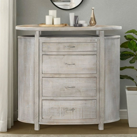 Mid Century Mod Oval 4 Drawers Solid Wood Dresser In Distressed White | Farmhouse Style 48" Tall Bedroom | Modern Rustic Chest Of Drawers