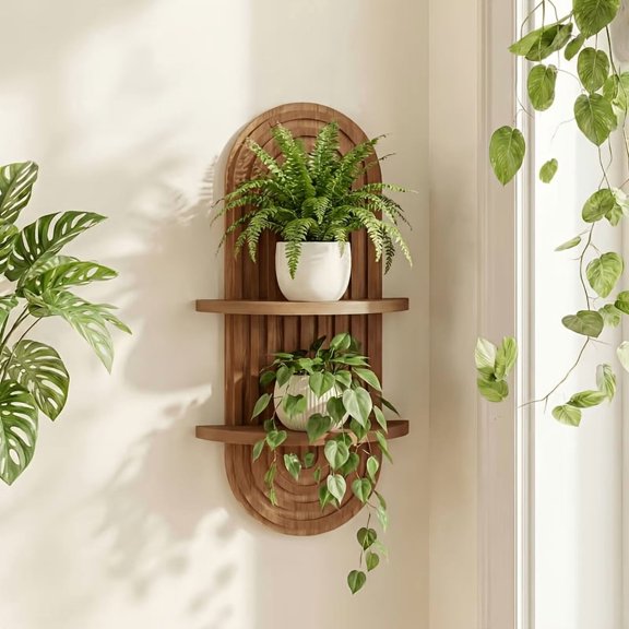 Mid-Century Modern 1-2 Tier Floating Plant Shelf, 16.9in Brown Wood Wall Mount Planter Holder, Boho Hanging Floating Shelves for Wall Decor