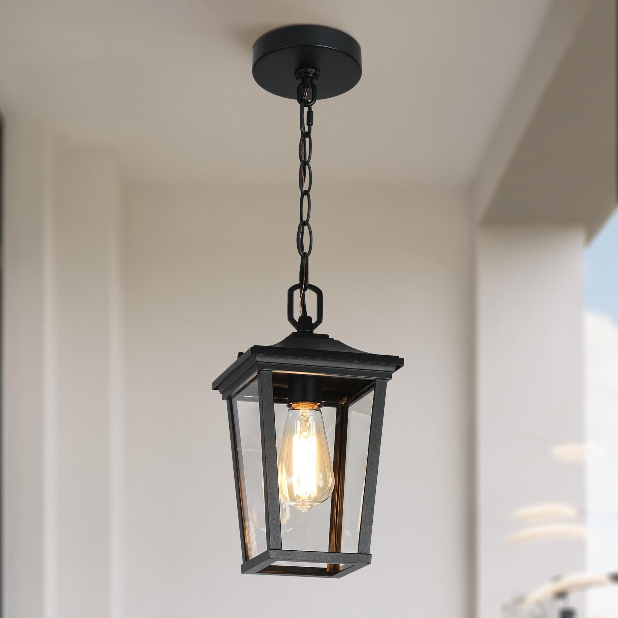 MidCentury Modern 1Light Black Lantern Outdoor light Hanging Pendant