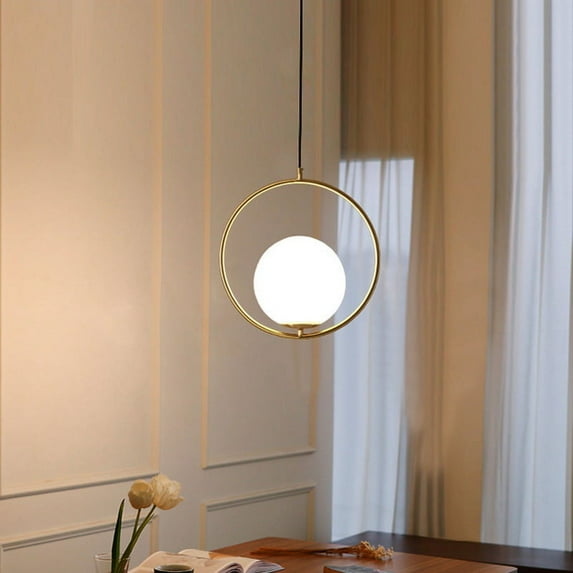 Mid Century Modern 1-Light Pendant Lighting, Golden with White Frosted Glass Globe Lampshade Pendant Adjustable Indoor Hanging Light Fixture for Bedroom Bedside Restaurant
