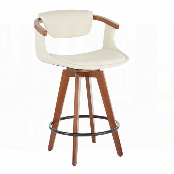 Mid-Century Modern 1-Piece Walnut Bamboo & Cream Faux Leather Counter Stool