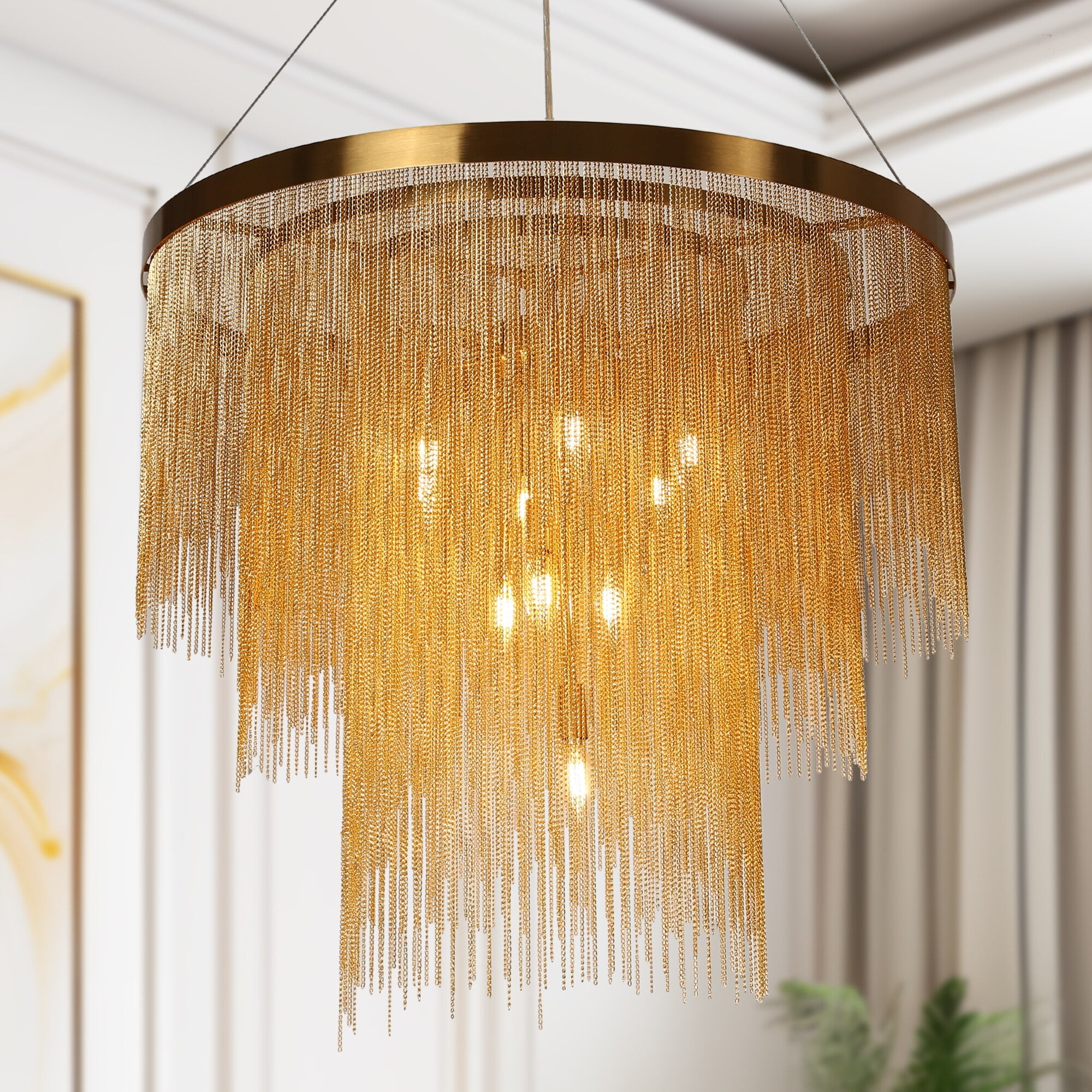 Gold 3-Tier Chain Tassel Drum Chandelier