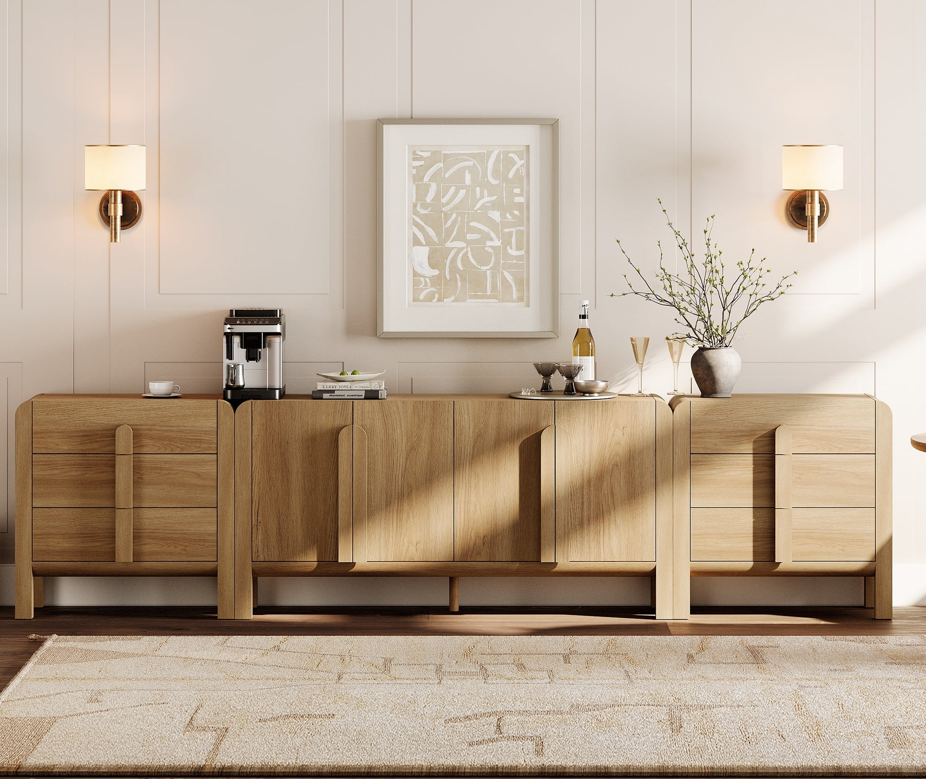 Mid-Century Modern 126" Sideboard Buffet with Storage, 3-Piece Wood Credenza with Doors and Adjustable Shelves for Kitchen，Living Room
