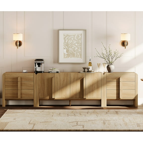 Mid-Century Modern 126" Sideboard Buffet with Storage, 3-Piece Wood Credenza with Doors and Adjustable Shelves for Kitchen,Living Room