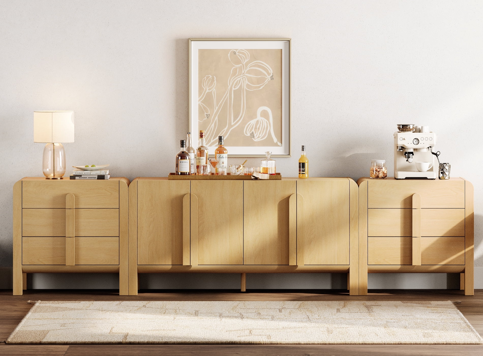 Mid-Century Modern 126" Sideboard Buffet with Storage, 3-Piece Wood Credenza with Doors and Adjustable Shelves for Kitchen，Living Room