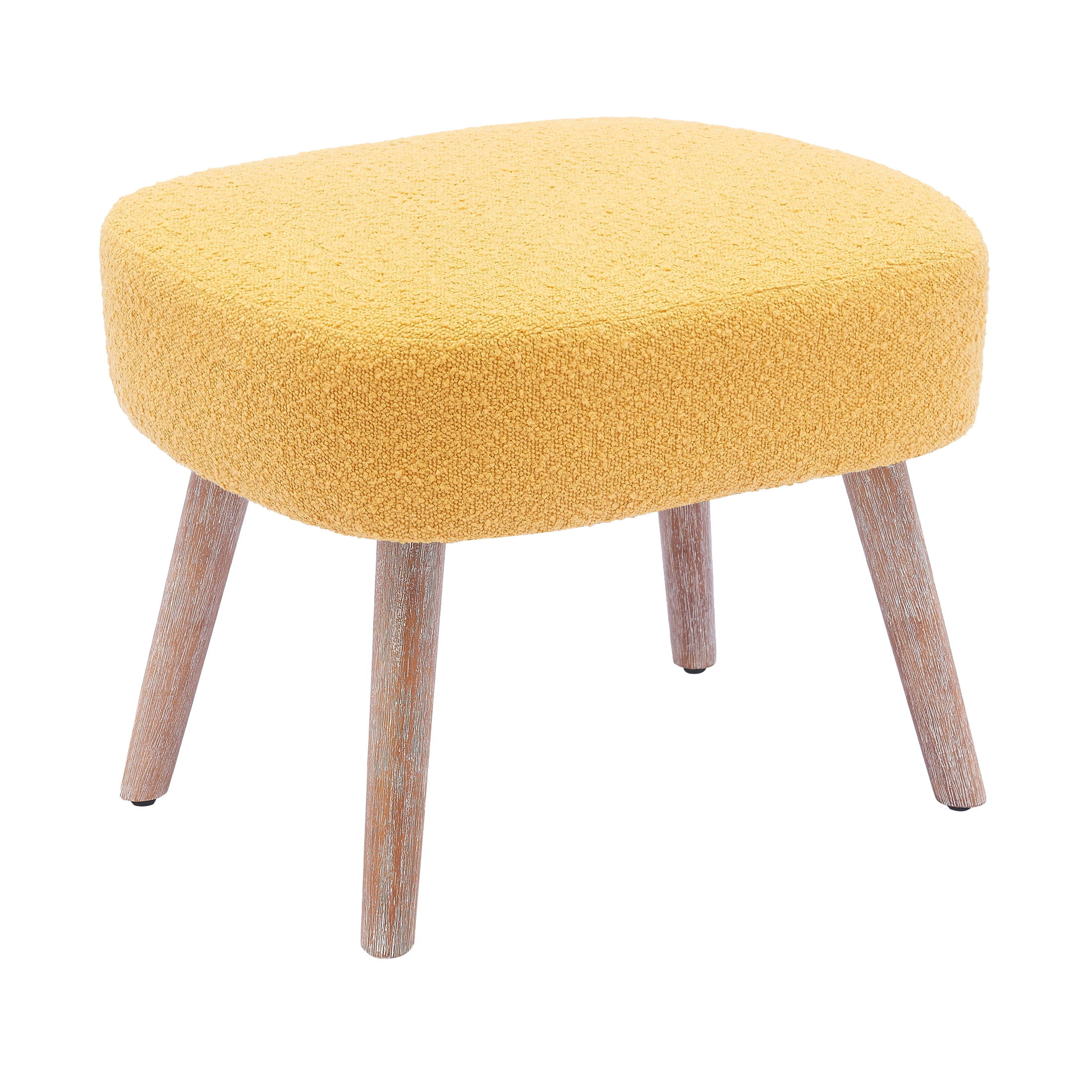 Mid-Century Modern 16.5" Tall Water and Stain Resistant Boucle Fabric Upholstered Ottoman with Wooden Legs, Mustard