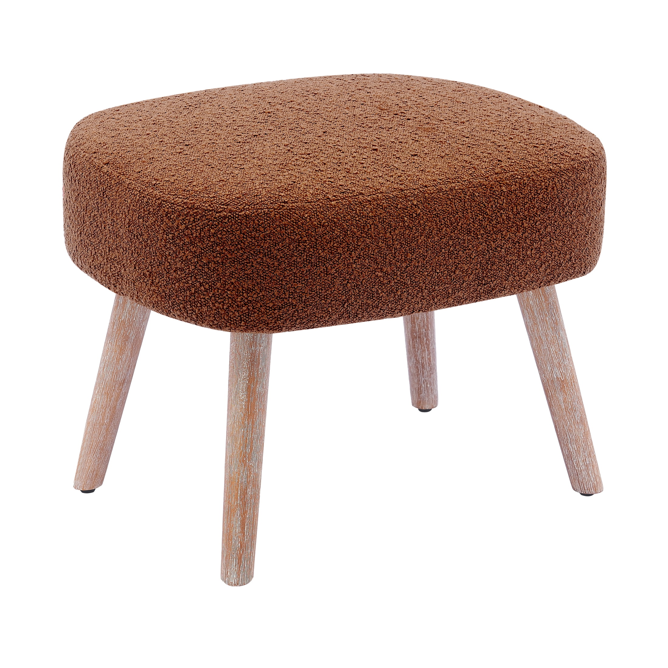 Mid-Century Modern 16.5" Tall Water and Stain Resistant Boucle Fabric Upholstered Ottoman with Wooden Legs, Rust Orange