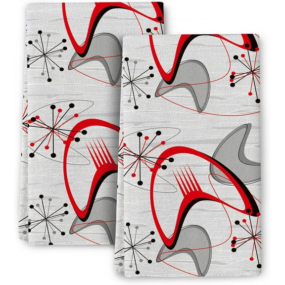 Mid Century Modern 1950 Retro Kitchen Dish Towel Set of 2 Soft Absorbent Decorative Tea Towels Hand Drying Baking Cooking Cloth Farmhouse Hand Towels 16x24 Inch, Gray