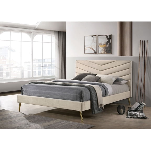 Mid-Century Modern 1pc Eastern King Size Bed Beige Flannelette Upholstered Tufted Design Bedroom Furniture Padded HB