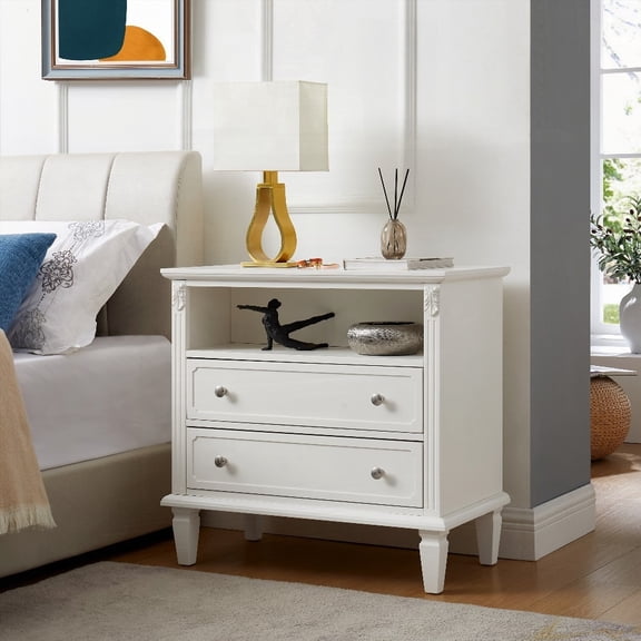 Mid-Century Modern 2-Drawer Nightstand with Charging Station & Solid Wood Legs